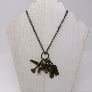 Mud Pie Charm Necklace Dark Gold Color Long Atlanta GA Theme Fox 404 Cola Plane